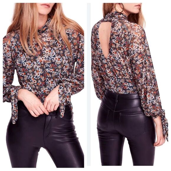 NEW! Free People All Dolled Up Floral Mesh Long Sleeve Crop Top  Black Combo - L - Picture 1 of 12